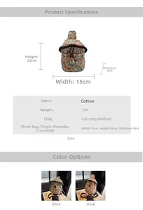 Tableau détaillé des tailles et matières pour sac de poitrine en tissu fleuri bleu et rose