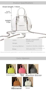 Size guide for shell crossbody bag showing 14cm width and 11cm height with chain detail