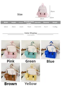 Detailed size chart and multi-color nylon school backpack options for young children