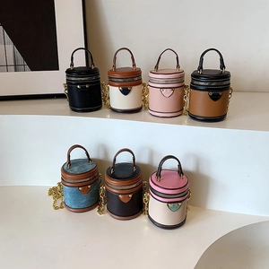 Mini Zylinder Eimertasche Kinder PU Leder Crossbody Umhängetasche Mit Kette Kontrastfarben Für Mädchen Jungen