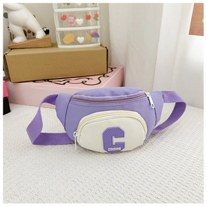 Close-up of contrast color chest bag for kids with adjustable purple nylon strap