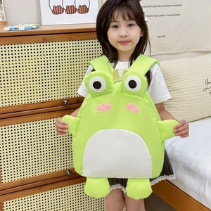 Cute green frog cartoon backpack for kids featuring 3D eyes and bright contrast colors