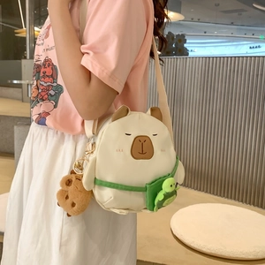 Cute Capybara canvas crossbody bag with 3D ears and turtle pendant for young women