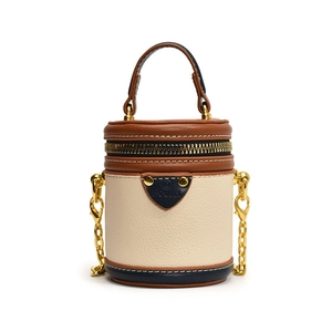 Kinder Mini-Zylindertasche aus Kunstleder in Creme, Braun und Marineblau Kontrast