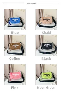Collage of kids crossbody bags showing blue, khaki, brown, black, pink and neon green options