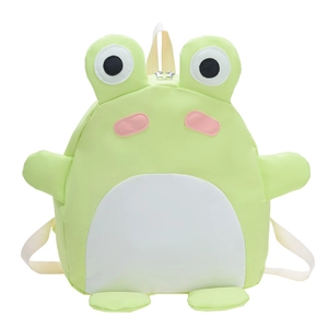 Cute green frog cartoon backpack for kids with 3D eyes and adjustable white straps