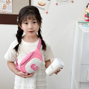 Pink and white patchwork kids chest bag featuring a large letter C embroidery