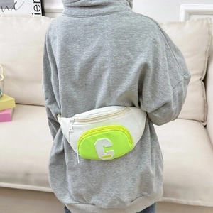 Fashionable color-block kids chest bag in white and green with letter C embroidery