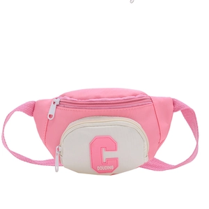 Pink and white stylish kids chest bag with letter C patch and adjustable strap