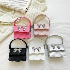Kids Girls Mini Shoulder Bag PU Leather Scalloped Edge Silver Metal Bow Chain Strap Crossbody Fashion Handbag