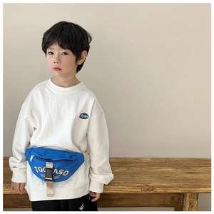 Blue canvas kids fanny pack with white TOGASO letter embroidery and adjustable strap