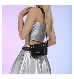 Mini black lychee leather crossbody bag with white fashion slogan and silver metal hardware