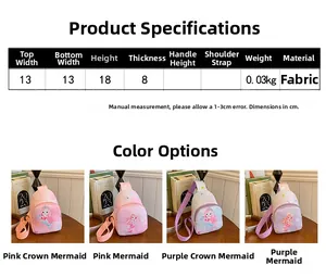 Size chart showing dimensions and colors of the cute canvas mermaid chest bag for kids