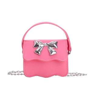 Pink PU leather girls crossbody bag with silver bow and scalloped edge detail