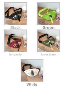 Detail of trendy nylon kids fanny packs in five colors with TOC ASO lettering
