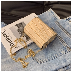 Detail of cream stone pattern mini bag with gold chain strap on denim and book