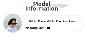 Size guide showing child model info height 110cm and weight 16kg for stylish kids backpack