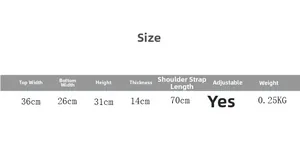 Size chart for kids shoulder bag with detailed dimensions and lightweight material details