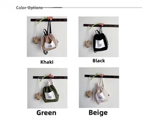 Detail display of four canvas drawstring backpacks in khaki, black, green, and beige colors