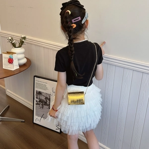 Golden mini crossbody bag for kids with crocodile pattern and delicate metal chain strap