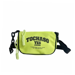 Neon green canvas crossbody bag for kids with black chain strap and letter print