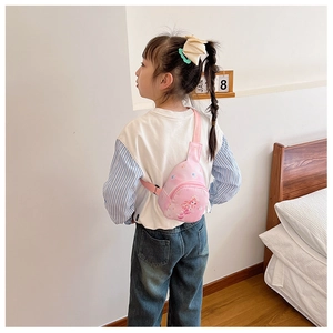 Pink cartoon mermaid chest bag for kids with adjustable strap shown on a child model