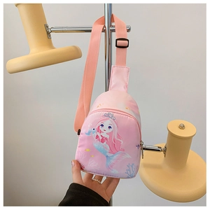 Close-up of pink canvas kids chest bag featuring a colorful mermaid princess illustration