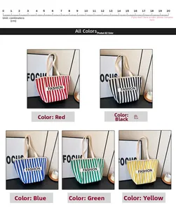 Detail of multi-color striped canvas tote bags with FASHION lettering for kids