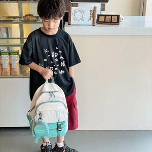 Kids fashion large capacity patchwork backpack in beige and green for school