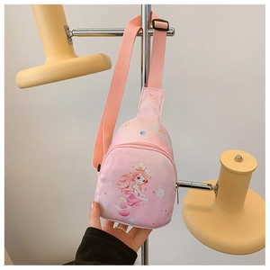 Detail of a pink toddler crossbody bag featuring a mermaid cartoon print and strap