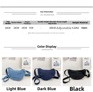 Detailed size chart and color options for the lightweight denim crossbody dumpling bag