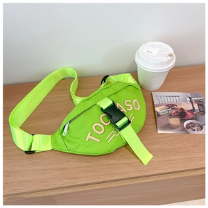 Detailed view of neon green canvas waist bag for kids with TOO ASO embroidery