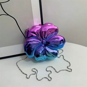 Women Flower Shaped Shoulder Bag 3D Petal Metallic Mirror Hard Shell Small Chain Purse For Party Fashion Accessory