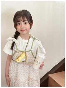 Detail of a bright gold laser triangular mini chain crossbody bag for kids fashion