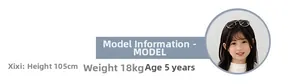 Kids fashion crossbody bag detail showing model info height 105cm weight 18kg and age 5