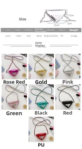 Size chart for mini patent leather triangle bags with glossy finish and chain straps