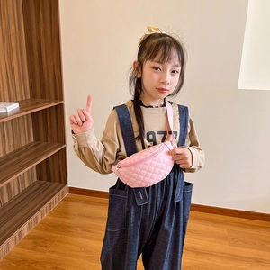Pink quilted crossbody waist bag for kids with adjustable strap and diamond stitching