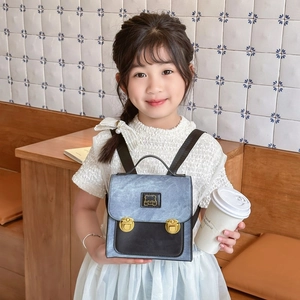 Cute bear toddler backpack with denim fabric and leather patchwork in Korean fashion style