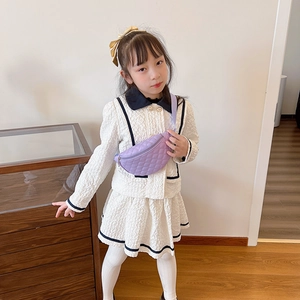 Kids quilted light purple crossbody bag and beige textured outfit for spring and summer
