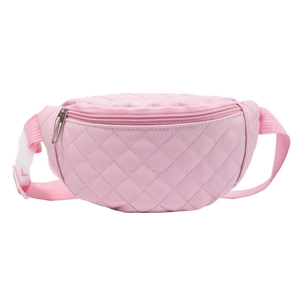 Pink quilted fanny pack for kids featuring diamond stitching and adjustable strap