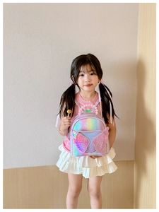Detail of cartoon girl backpack with shiny sequins, pink wings and pearl handle