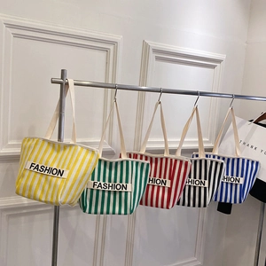 Kids Striped Canvas Tote Bag Letter Print Shoulder Crossbody Handbag Large Capacity For Boys Girls