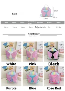Size chart showing 21x20x10cm dimensions and six available colors for the kids backpack
