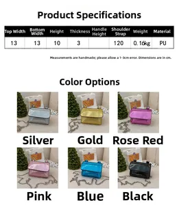 Detailed size chart and multi-color selection of sequined PU chain bags for children