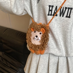 Sac bandoulière lion tricoté à la main pour enfants en laine orange et marron
