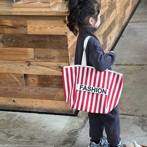 Red and white striped canvas tote bag for kids with FASHION lettering print