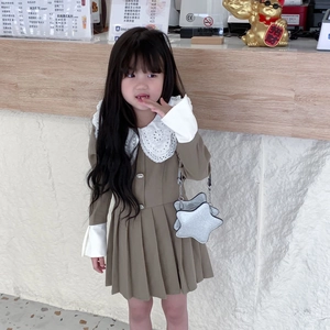 Sac bandoulière étoile scintillante et robe kaki avec col en dentelle pour enfants