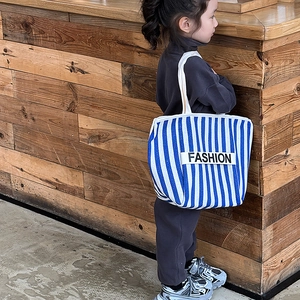 Kids blue and white striped canvas crossbody bag with Fashion patch and large capacity