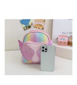 Detailed size comparison of iridescent rainbow backpack with purple wings and pearl handle