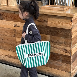 Kids green and white striped canvas tote bag with fashion text and spacious interior